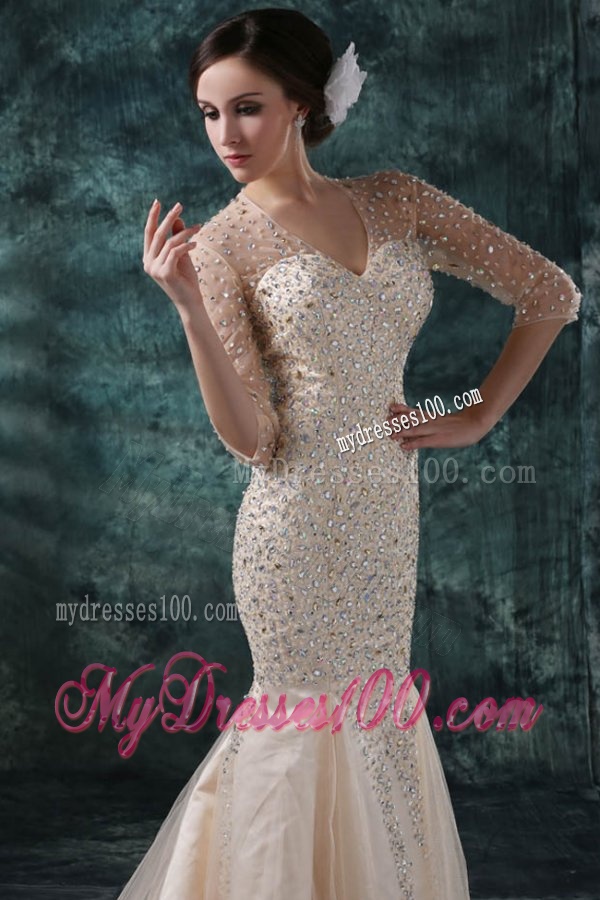 Champagne Mermaid Sweetheart V-neck Wedding Dress with Beading