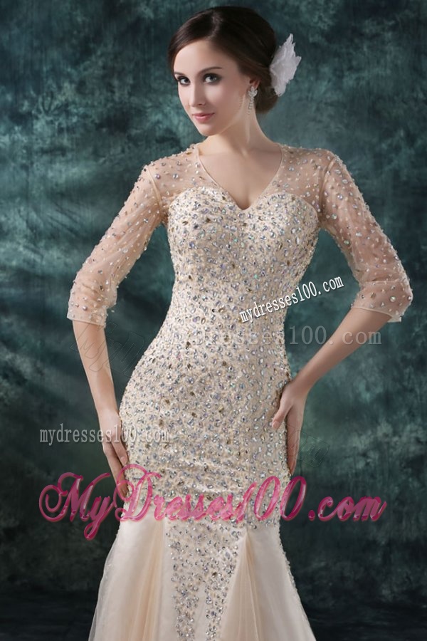 Champagne Mermaid Sweetheart V-neck Wedding Dress with Beading