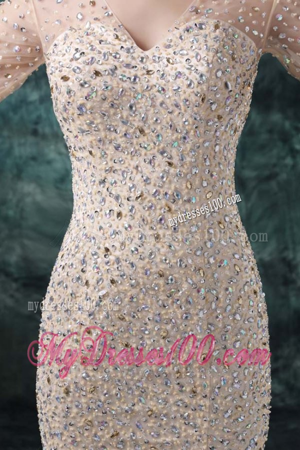 Champagne Mermaid Sweetheart V-neck Wedding Dress with Beading