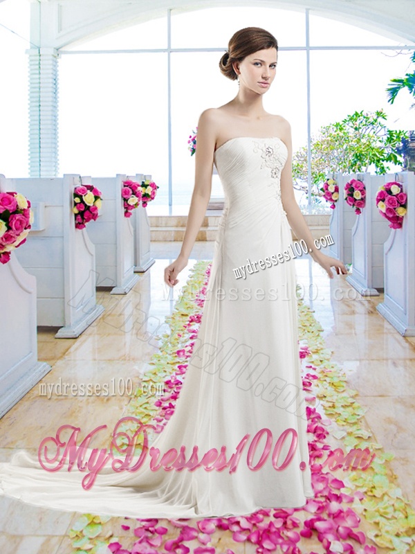 Cheap Strapless Court Train Wedding Dresses with Beading