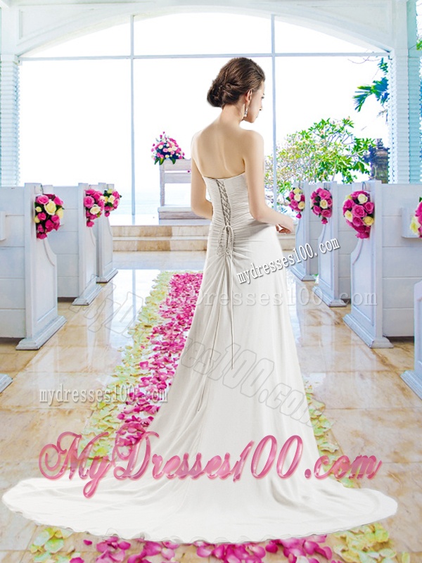 Cheap Strapless Court Train Wedding Dresses with Beading