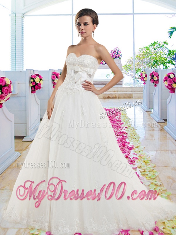 Cheap Sweetheart Wedding Dresses with Appliques and Bowknot