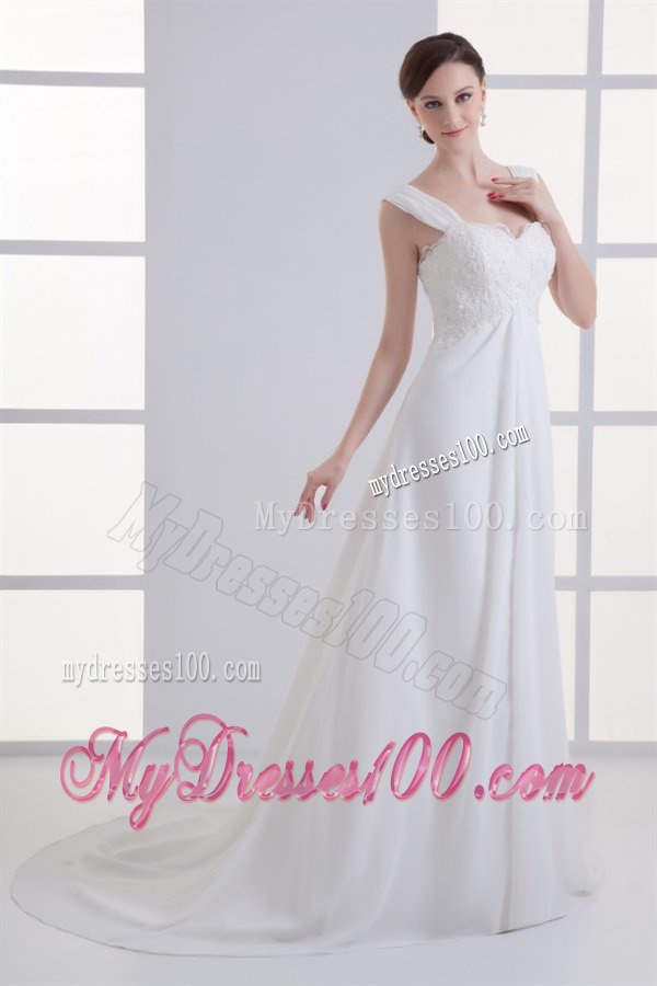 Clasp Handle Court Train Empire Straps Wedding Dress with Lace