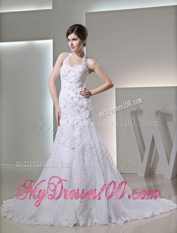 Column Halter Top Chapel Train Lace Appliques White Wedding Dress