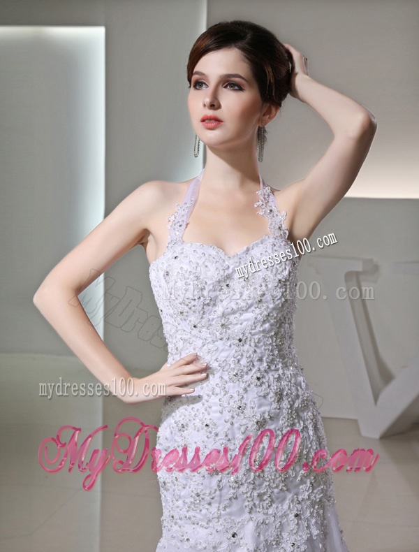 Column Halter Top Chapel Train Lace Appliques White Wedding Dress
