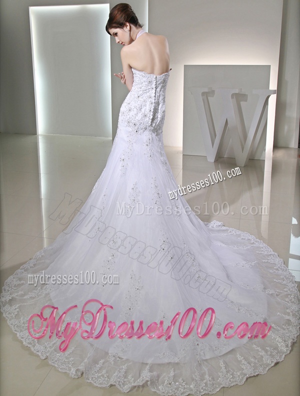 Column Halter Top Chapel Train Lace Appliques White Wedding Dress