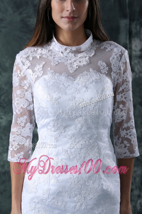 Column High Neck Lace Beach Wedding Dress with Knee-length