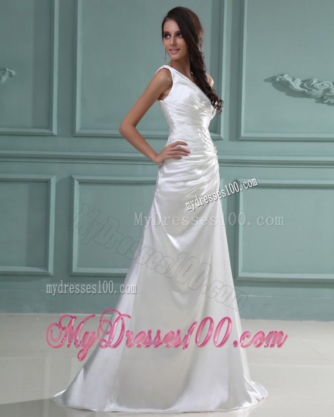 Column One Shoulder Floor-length Beading Taffeta Wedding Dress with Side Zipper