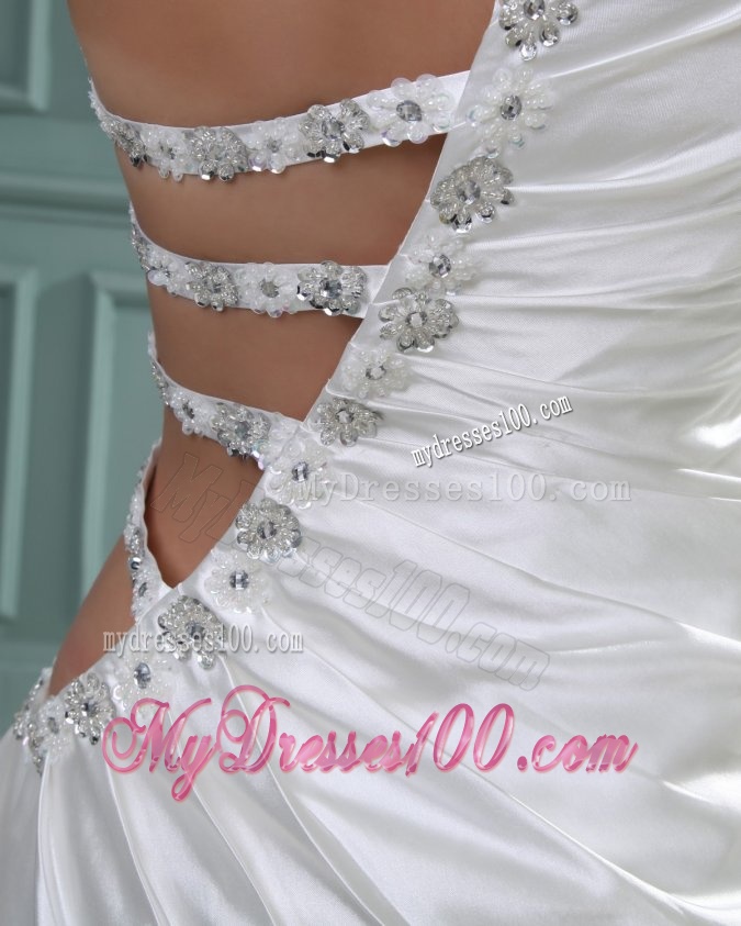 Column One Shoulder Floor-length Beading Taffeta Wedding Dress with Side Zipper