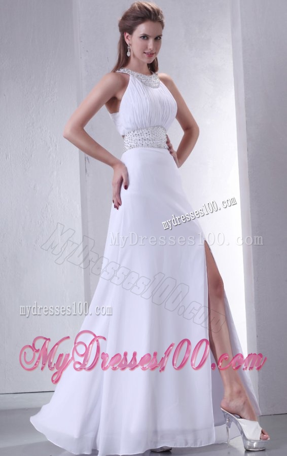 Column Scoop Criss Cross Chiffon Wedding Dress with Beading