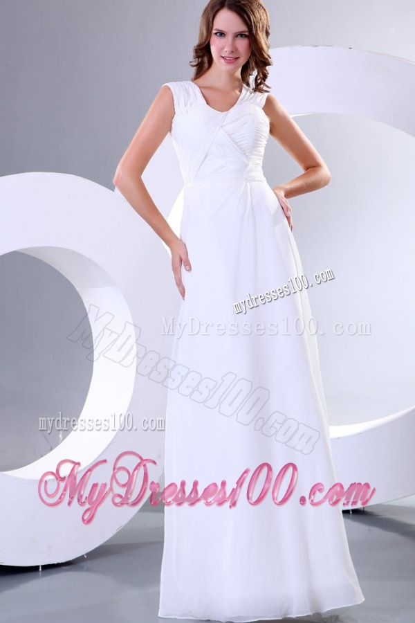 Column Square Chiffon Ruching Floor-length Wedding Dress