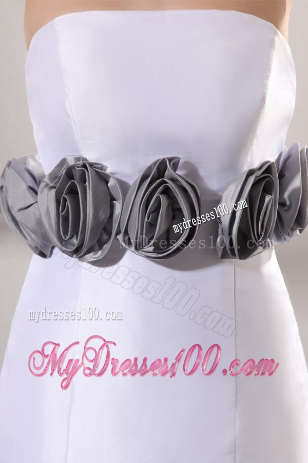 Column Strapless Floor-length Wedding Dress with Gray Hand Made Flowers