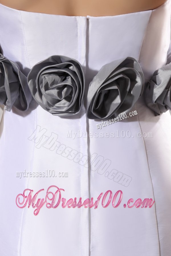 Column Strapless Floor-length Wedding Dress with Gray Hand Made Flowers