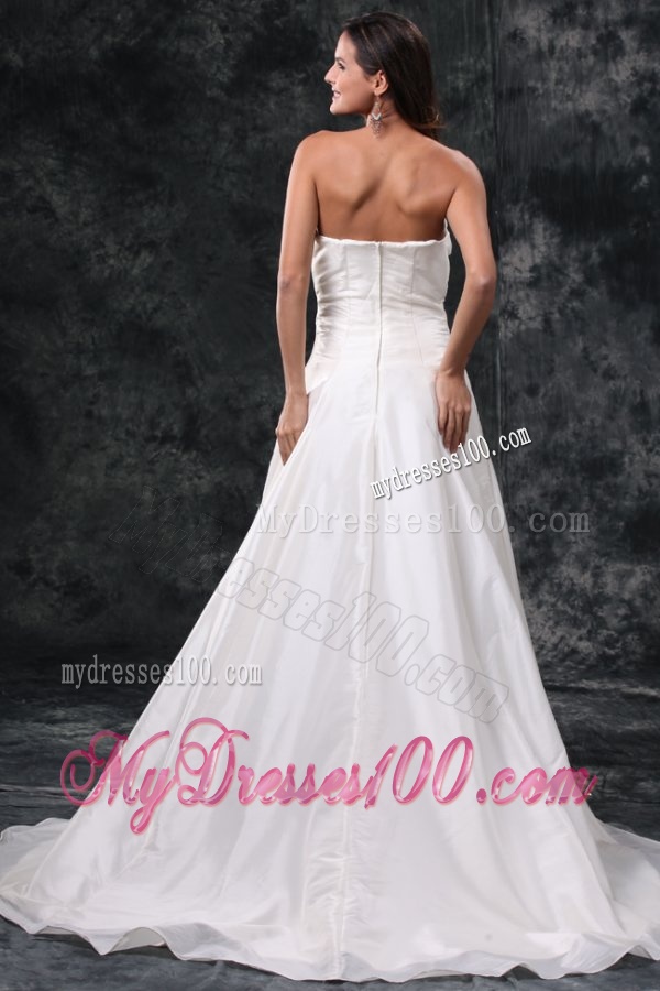 Column Strapless Ruching Court Train Taffeta Wedding Dress