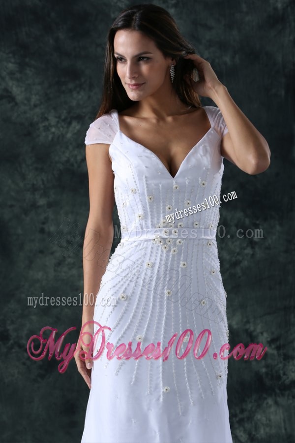 Column V-Neck Cap Sleeves Brush Train Zipper Up Chiffon Wedding Dress