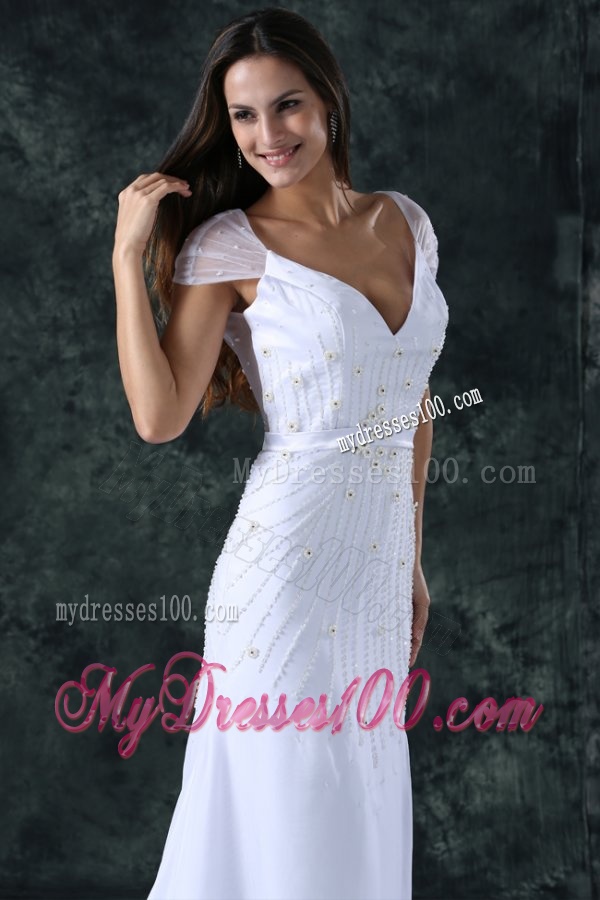 Column V-Neck Cap Sleeves Brush Train Zipper Up Chiffon Wedding Dress