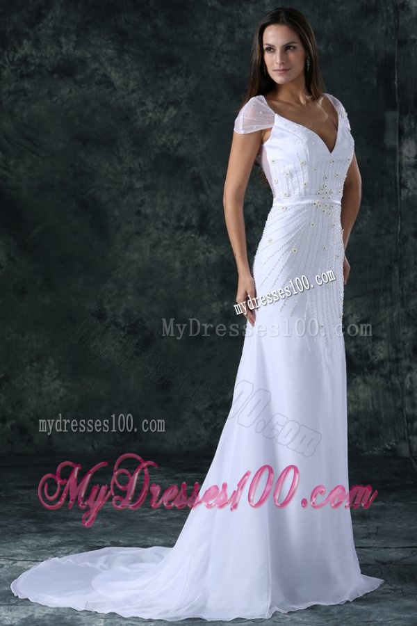 Column V-Neck Cap Sleeves Brush Train Zipper Up Chiffon Wedding Dress
