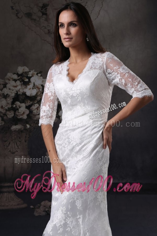 Column V-Neck Open Back Lace Wedding Dress with Court Train