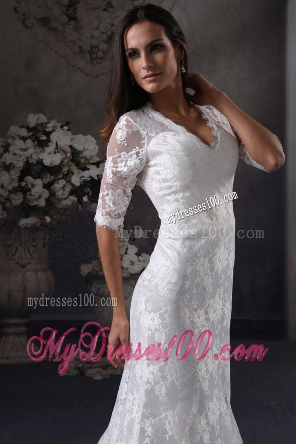 Column V-Neck Open Back Lace Wedding Dress with Court Train