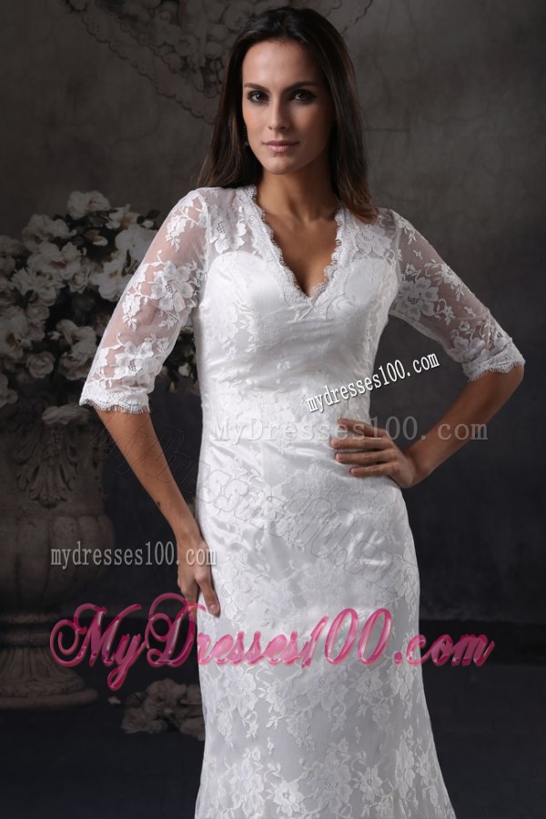 Column V-Neck Open Back Lace Wedding Dress with Court Train