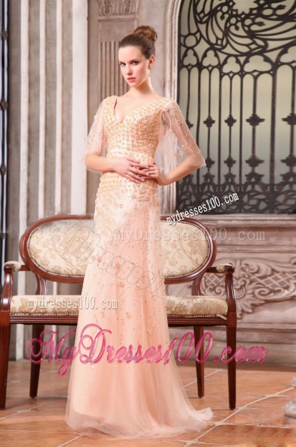 Column V-neck Sweep Train Wedding Dress with Appliques and Beading