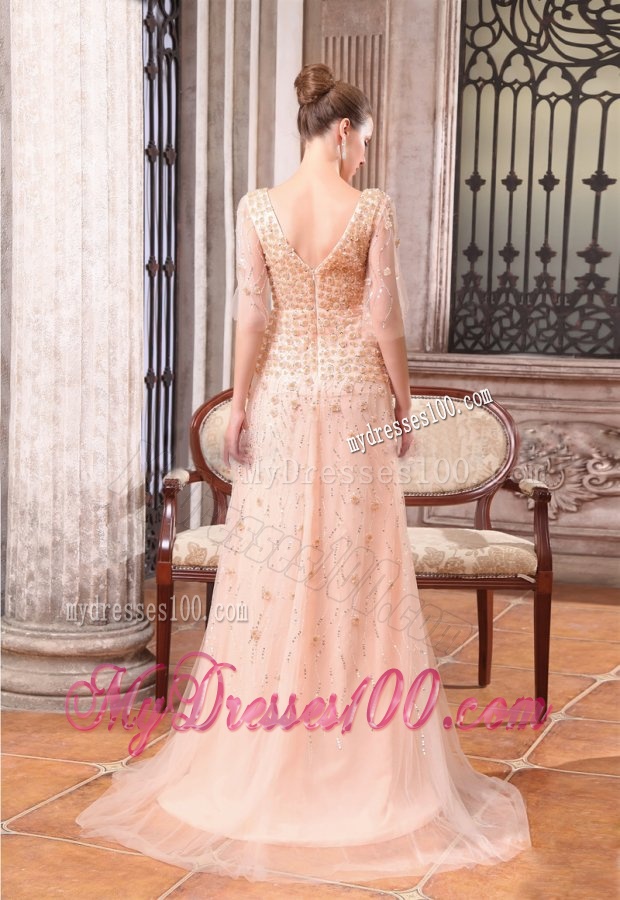 Column V-neck Sweep Train Wedding Dress with Appliques and Beading