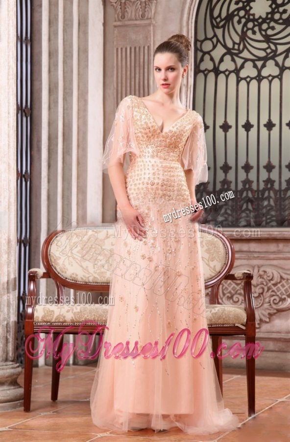 Column V-neck Sweep Train Wedding Dress with Appliques and Beading