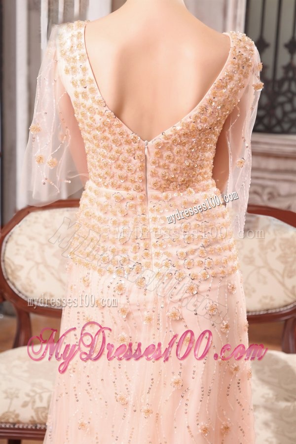 Column V-neck Sweep Train Wedding Dress with Appliques and Beading