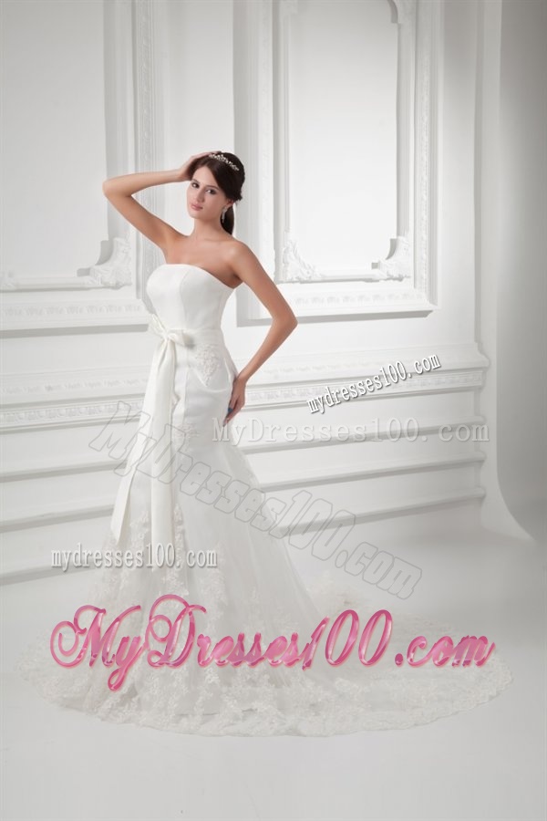 Court Train Mermaid Strapless Lace Wedding Dress with Sash