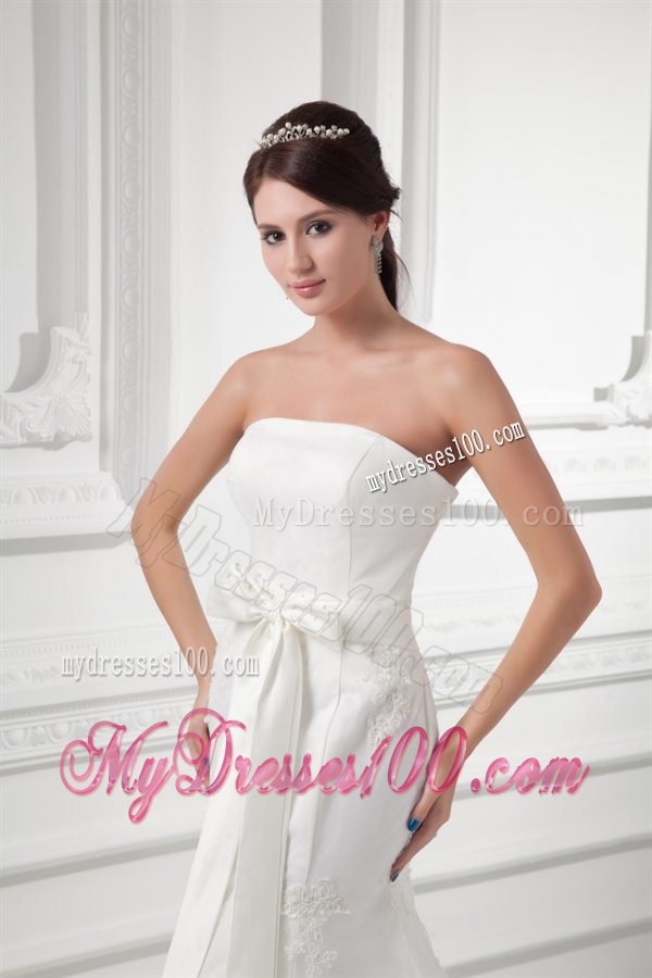 Court Train Mermaid Strapless Lace Wedding Dress with Sash