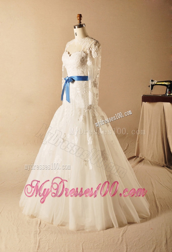 Custom Made A Line High Neck Appliques Wedding Dresses with Ribbons
