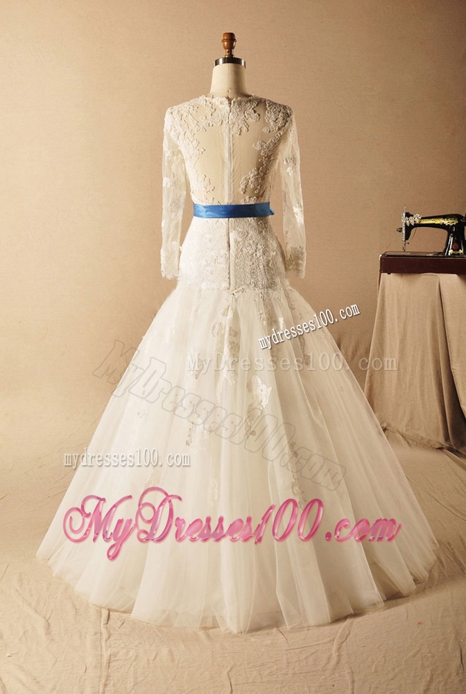 Custom Made A Line High Neck Appliques Wedding Dresses with Ribbons
