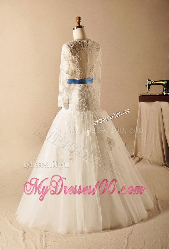 Custom Made A Line High Neck Appliques Wedding Dresses with Ribbons