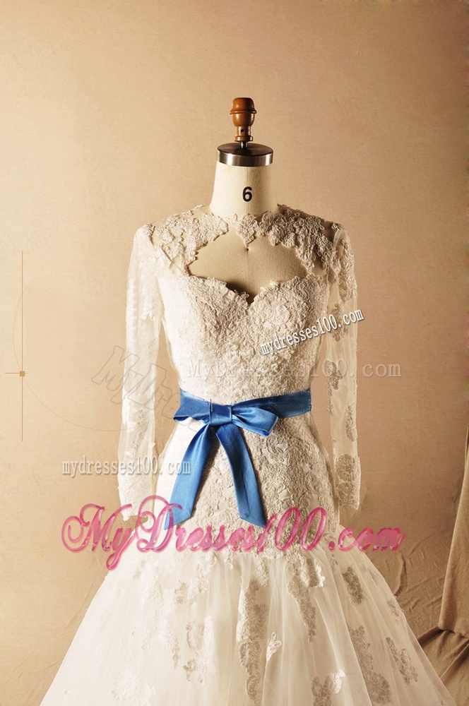Custom Made A Line High Neck Appliques Wedding Dresses with Ribbons