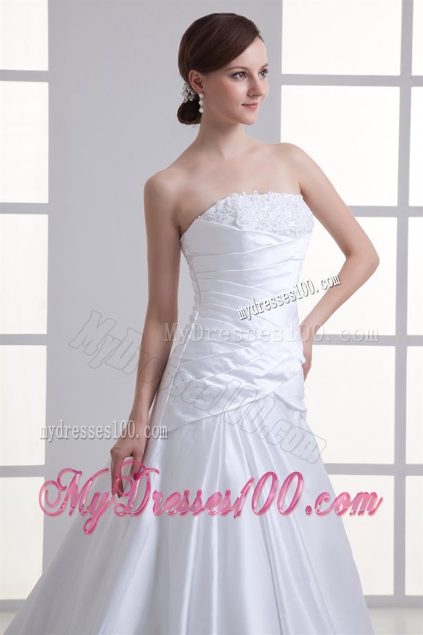 Elegant A-Line Strapless Lace Taffeta Chapel Train Wedding Dress