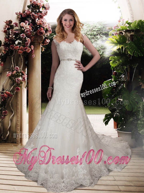 Elegant Mermaid Scoop Wedding Dresses with Beading and Belt