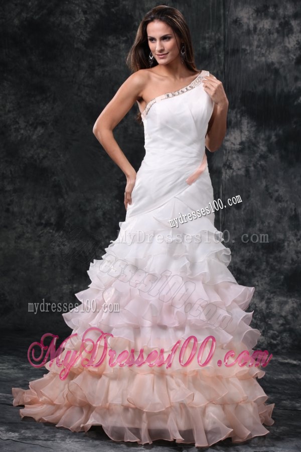 Elegant One Shoulder A-Line Ruffles Brush Train Organza Wedding Dress