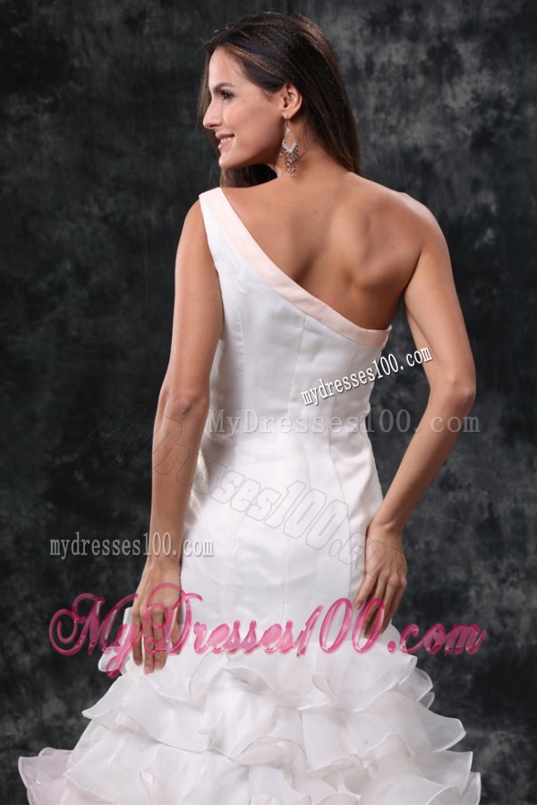 Elegant One Shoulder A-Line Ruffles Brush Train Organza Wedding Dress