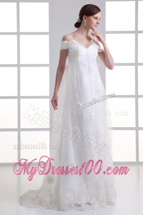 Empire Spaghetti Straps Lace Brush Train Wedding Dress