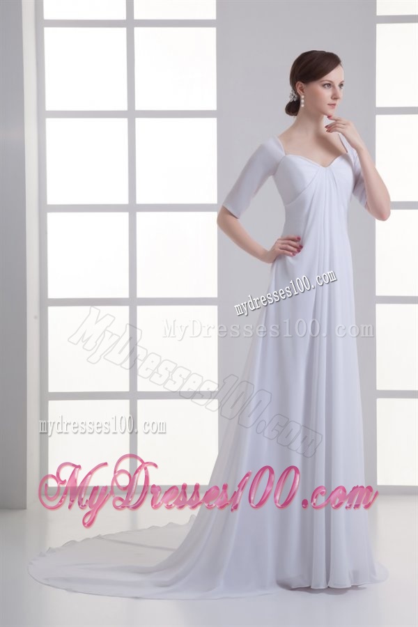 Empire Square Half Sleeves Chiffon Court Train Wedding Dress