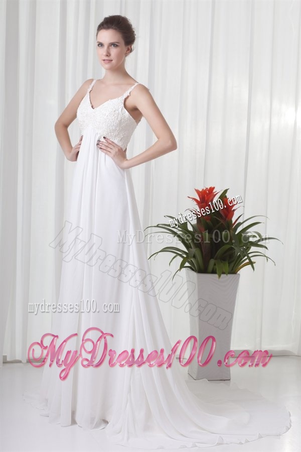 Empire Straps Appliques Chiffon Brush Train Wedding Dress