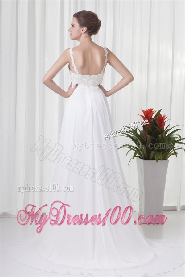 Empire Straps Appliques Chiffon Brush Train Wedding Dress