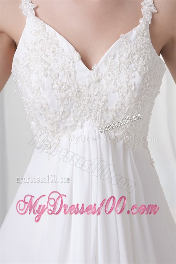 Empire Straps Appliques Chiffon Brush Train Wedding Dress