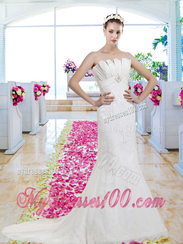 Exclusive Strapless Beaded Brush Train Wedding Dresses with Lace