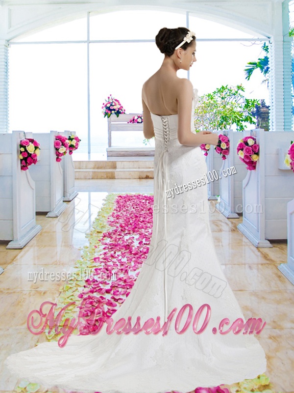 Exclusive Strapless Beaded Brush Train Wedding Dresses with Lace