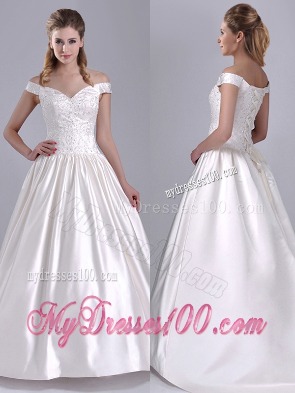 Exquisite Ball Gown Off the Shoulder Brush Train Beaded Bridal Dress in Satin
