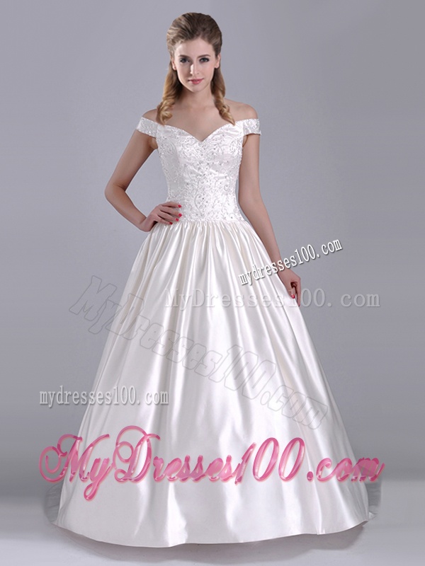 Exquisite Ball Gown Off the Shoulder Brush Train Beaded Bridal Dress in Satin