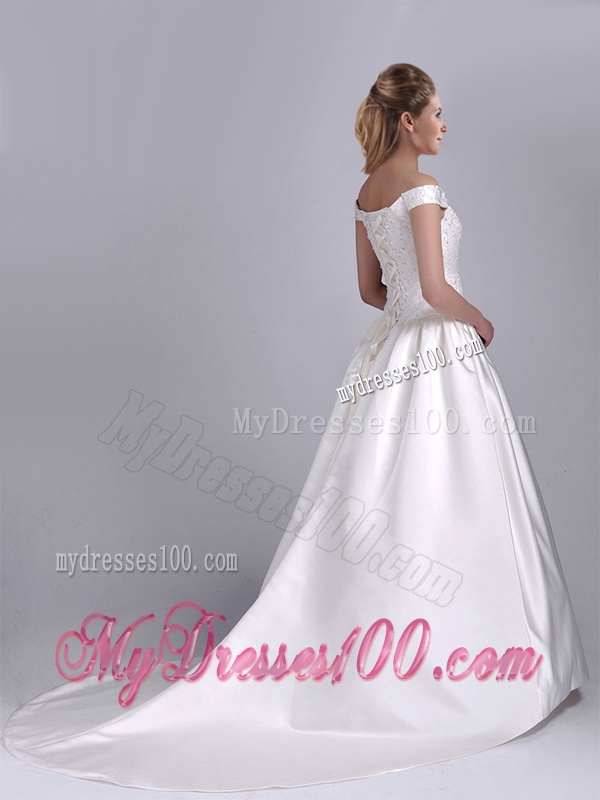 Exquisite Ball Gown Off the Shoulder Brush Train Beaded Bridal Dress in Satin