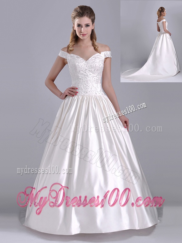 Exquisite Ball Gown Off the Shoulder Brush Train Beaded Bridal Dress in Satin