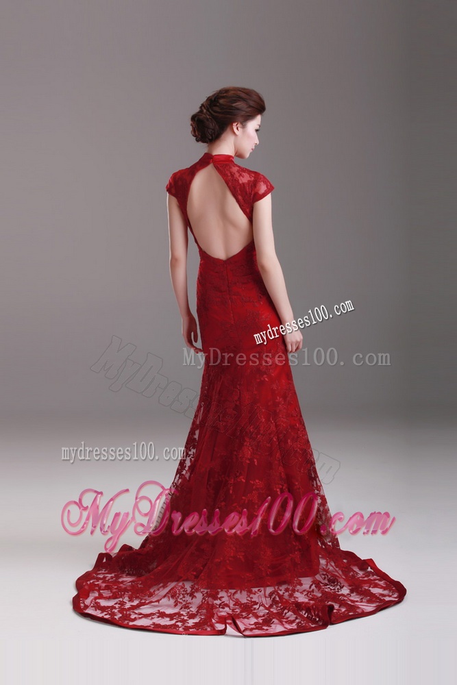 Exquisite Cap Sleeves Mermaid Wine Red Wedding Dresses with Brush Train